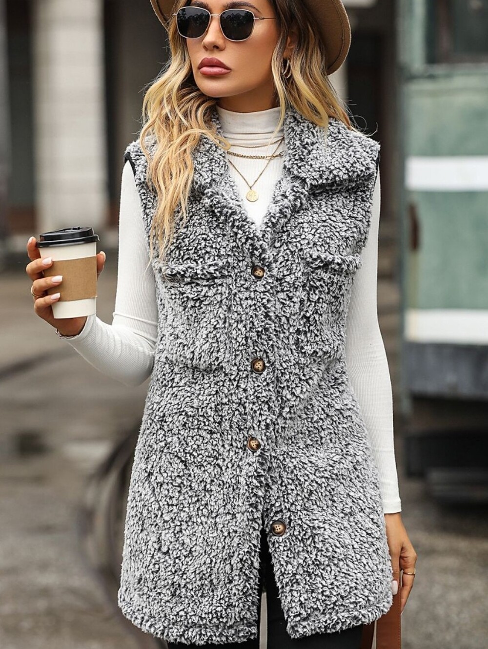 Arctic Allure Button-Down Sherpa Vest - Black
